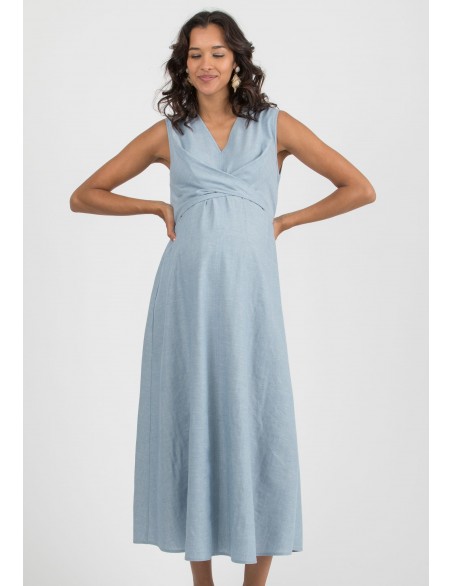 Vestido Premamá Azul y Lactancia Midi Lino