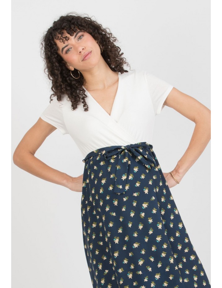 Vestido Azul Premamá y Lactancia Bicolor Estampa Ramillete