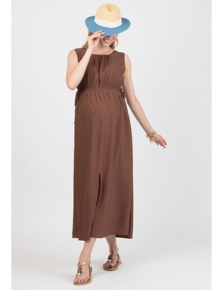 Vestido Marrón Premamá y Lactancia Midi Escote Cruz