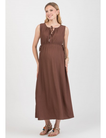 Vestido Marrón Premamá y Lactancia Midi Escote Cruz