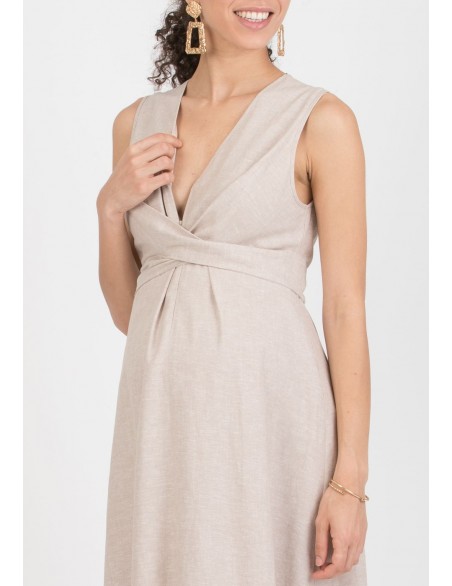 Vestido Premamá Beige y Lactancia Midi Lino