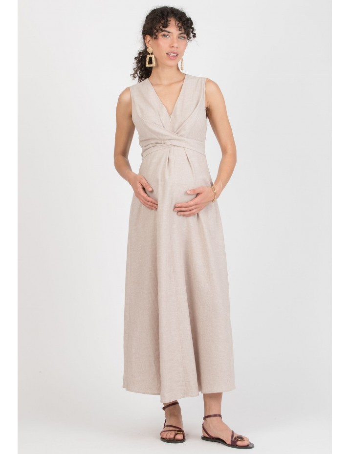 Vestido Premamá Beige y Lactancia Midi Lino