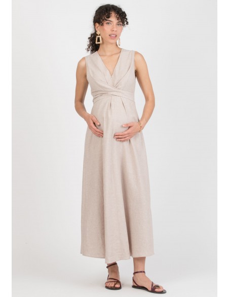 Vestido Premamá Beige y Lactancia Midi Lino