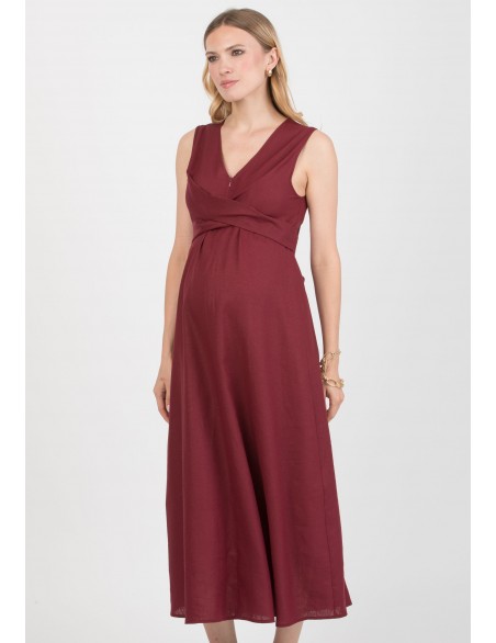 Vestido Premamá Granate y Lactancia Midi Lino